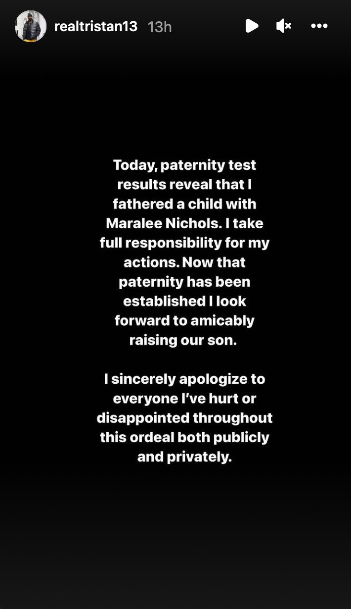 Tristan Thompson se opravičuje Khloé Kardashian za očetovstvo otroka druge ženske